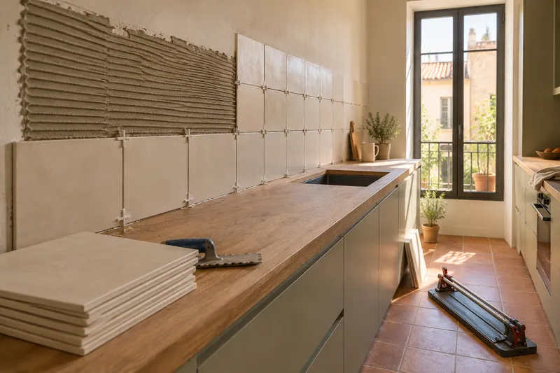Visualización conceptual IA: Colocación de azulejos con separadores y adhesivo sobre una pared de cocina.
