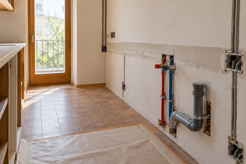 Visualización conceptual IA: Tuberías de suministro y desagüe durante la renovación de una cocina.