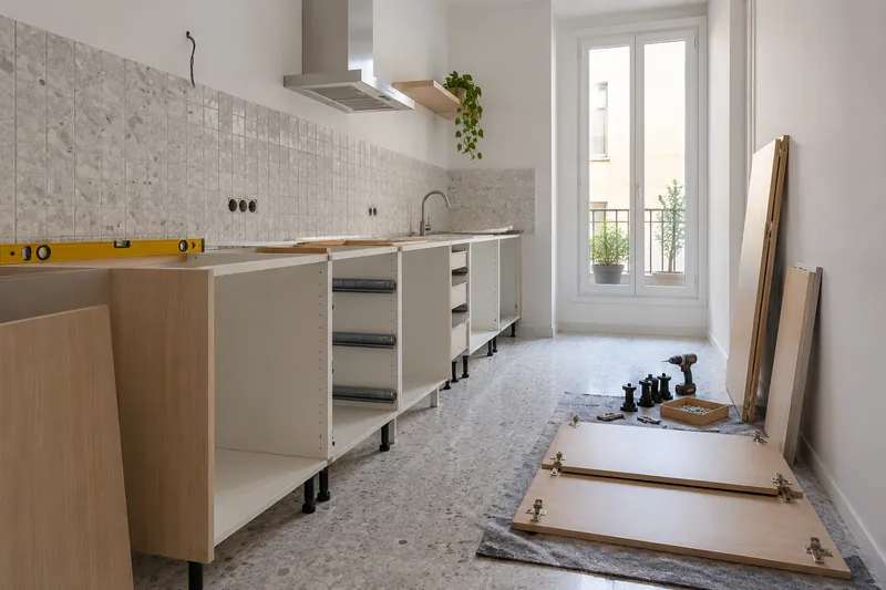 Visualización conceptual IA: Módulos de cocina en montaje con puertas pendientes de colocar.
