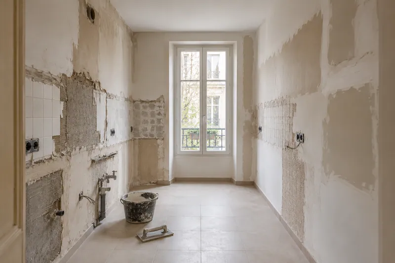 Visualización conceptual IA: Cocina sin muebles con paredes en preparación y zonas de enlucido.